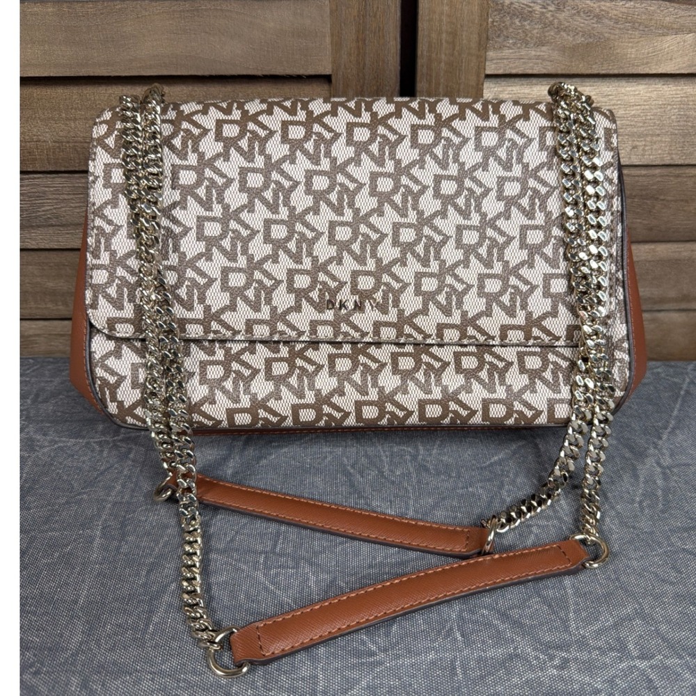 DKNY Shoulder Bag Womens Medium Monogram Flap Brown Cream Chain Strap